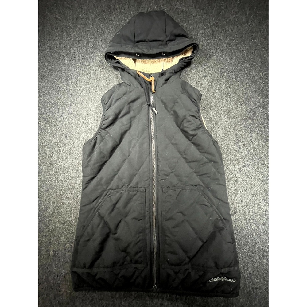 Eddie Bauer Quilted Vest Womens XS Black Sherpa Lined Hooded Full Zip Outdoor
